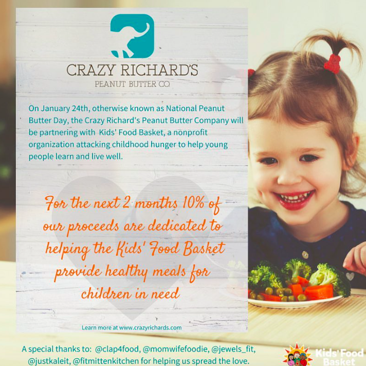 Attacking childhood hunger on National Peanut Butter Day with Crazy Richard's Peanut Butter Company and Kids' Food Basket.