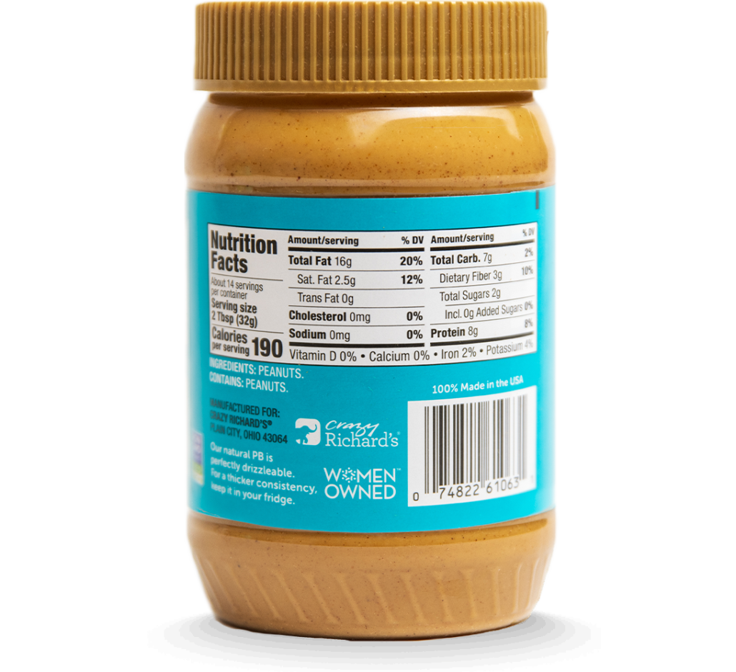 Crazy Richards 100% Peanuts Creamy Peanut butter jar, view of jar with nutrition facts panels