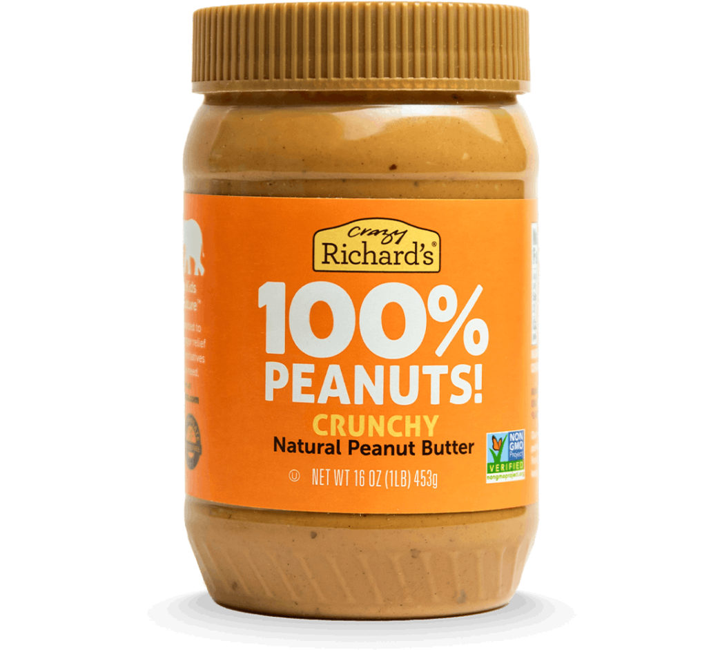 front view of a jar of Crazy Richard's 100% Peanuts Crunchy Peanut Butter