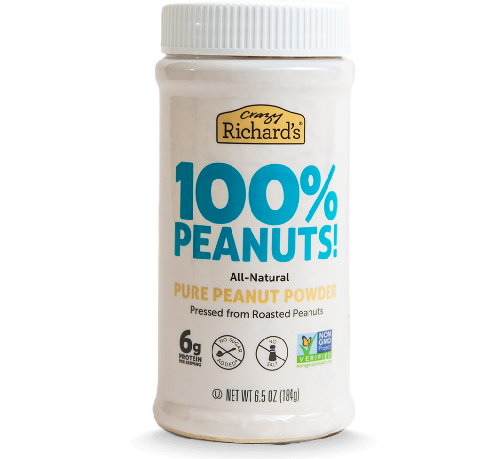 front view of a jar of Crazy Richard's 100% Peanuts Pure Peanut Powder