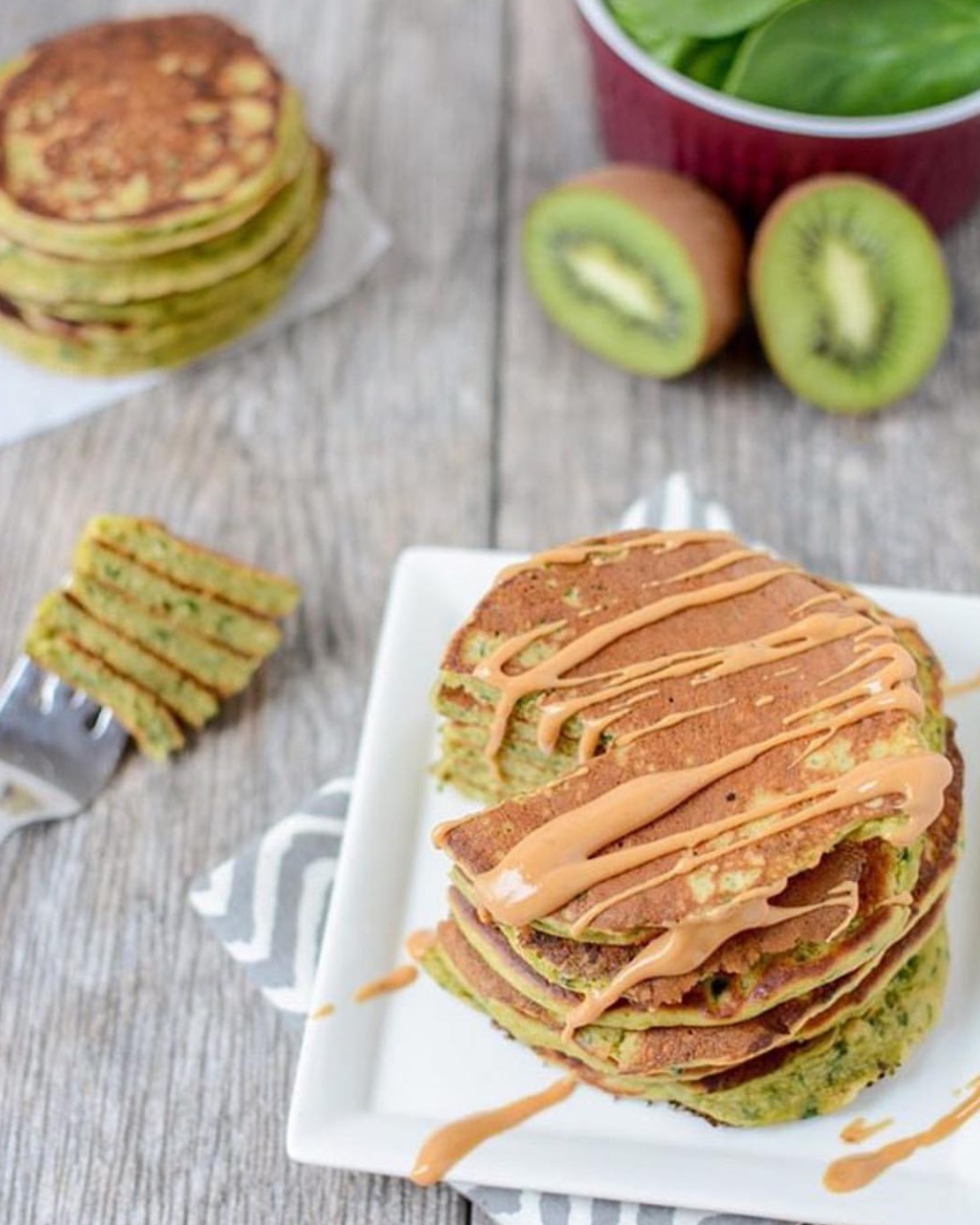 Green Spinach Kiwi Smoothie Pancakes with Crazy Richard's Natural Peanut Butter