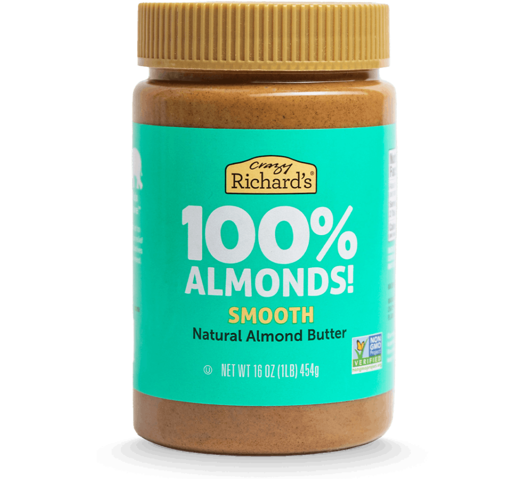 front view of a jar of Crazy Richard's 100% Almonds Smooth Almond Butter