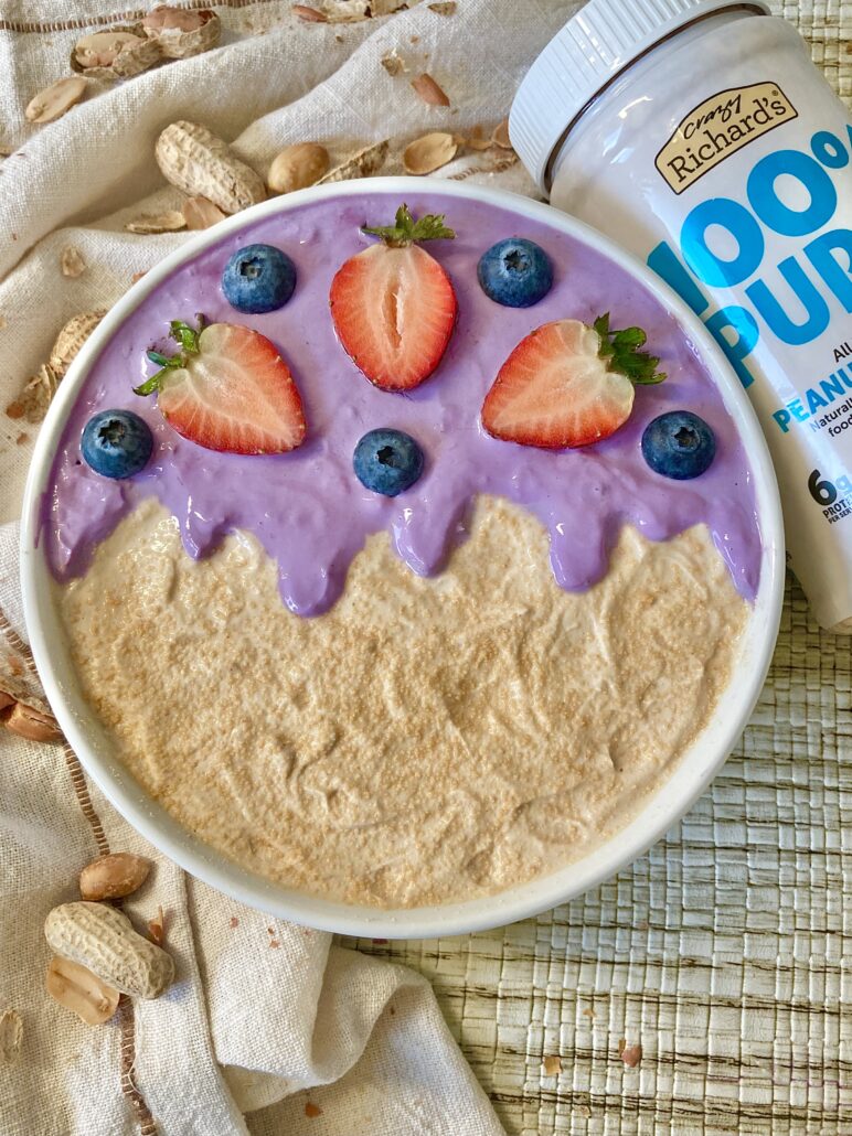 pb&j smoothie bowl with powdered peanut butter and fresh fruit