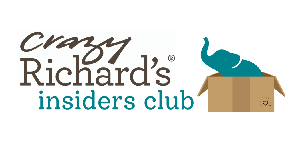 Logo for Crazy Richard's Insider's club (a teal silhouette of a baby elephant with lifted trunk, sitting in a brown cardboard mailing box)