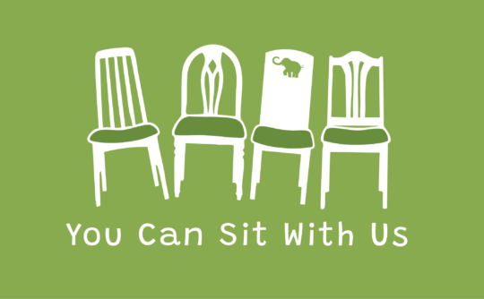 Illustration of four unmatched chairs with a caption underneath that says "You can sit with us"