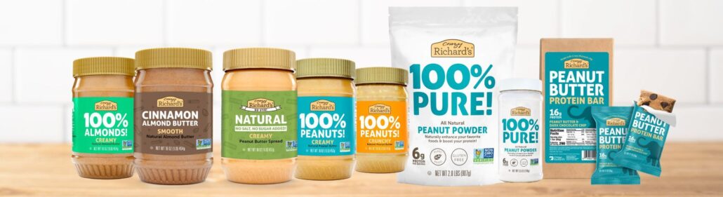 a product lineup of all Crazy Richards products: 100% Almonds almond butter, Cinnamon Almond Butter, Natural No-Stir Peanut Butter, 100% Peanuts Creamy and Crunchy Peanut Butter, 100% Peanuts Peanut Powder in 6.5 and 2lb sizes, Chocolate Chip Protein bars