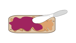 illustration of red jelly being spread on top of a layer of peanut butter that had been spread onto a slice of flattened bread