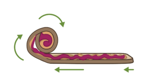 illustration demonstrating rolling up a flat piece of bread topped with peanut butter and jelly into a sushi roll